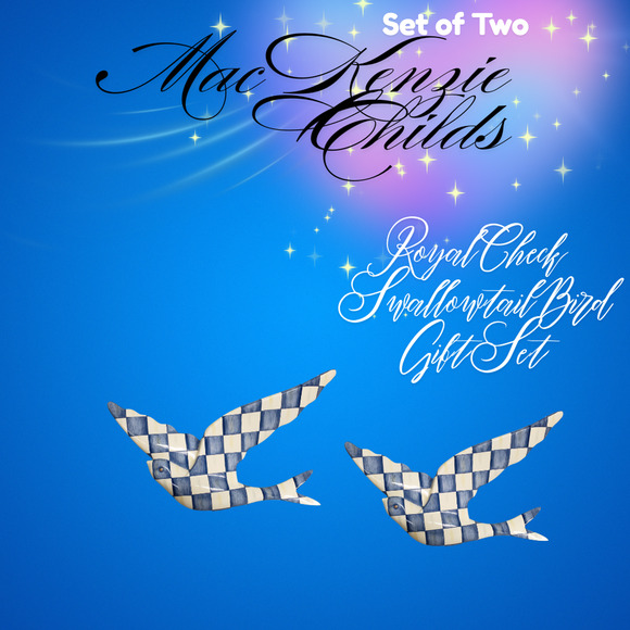 MacKenzie Childs Swallowtail Wall Decor Royal Check Set of Two Blue Birds 5 x 7 - Picture 3 of 4